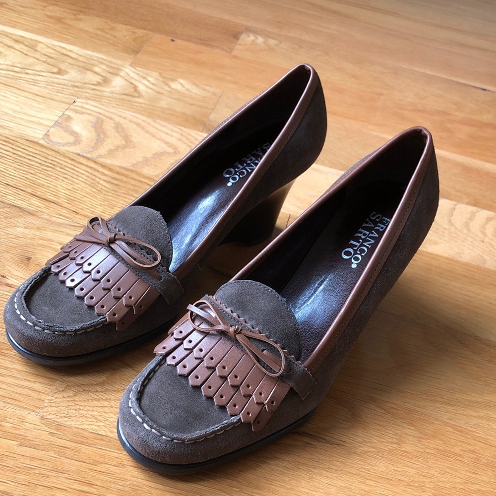 Franco Sarto Brown Suede Kiltie Bow Block Heel Pumps